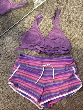 Athleta Purple Bralette & Pink-Purple Striped Shorts Set